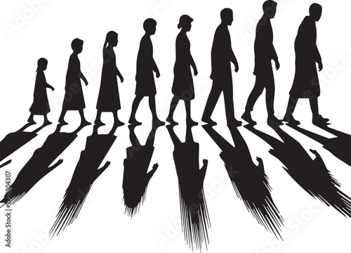 Silhouettes of people walking with long shadows in a line on a white background