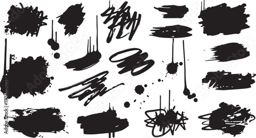 Mega bundle of different ink brush strokes:rectangle,square and round freehand drawings.Ink splatters,grungy painted lines,artistic design elements:waves,circles,triangles.