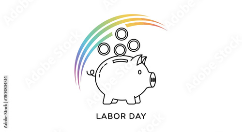 Vibrant Labor Day Savings Illustration with Piggy Bank, Coins, and Rainbow Arch for Financial