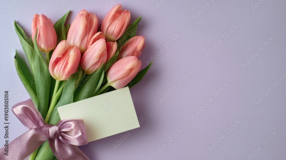 Fototapeta premium Lavender backdrop with tulip bouquet