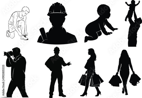 Collection of various human silhouettes in different poses and activities