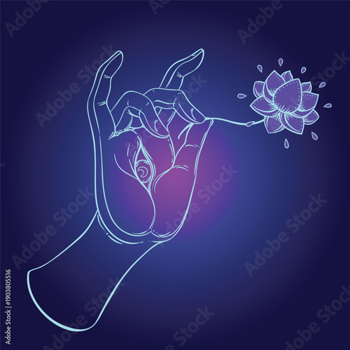 Lord Buddha hand with all-seeingl eye. Psychedelic colors. Hand drawn illustration. Invitation element. Astrology, alchemy, occult and magic symbol. Abstract cosmic background with stars..