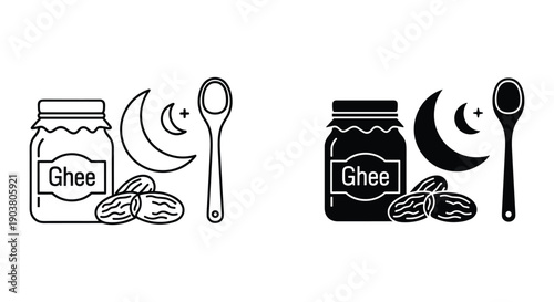 Ghee Jar with Spoon and Crescent Moon Icons in Black and White
