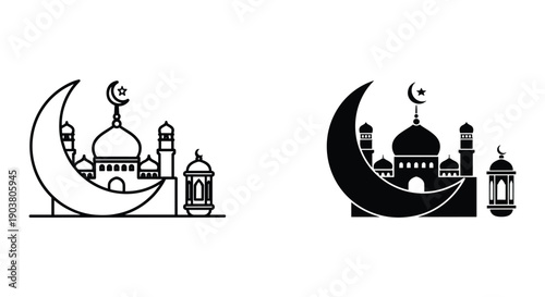 Islamic mosque crescent moon silhouette vector illustration night sky Ramadan Eid al-Fitr prayer