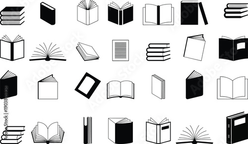 Collection of book icons and open book silhouettes, library vector set with reading symbols, publications, education and publishing design templates
