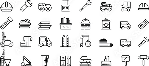 Construction Tools Equipment Icon Set, Safety Helmets, Wrenches, Trucks, Cranes, Measuring Tools, Building Materials, Workshop Vehicles, Industrial Line Icons Vector