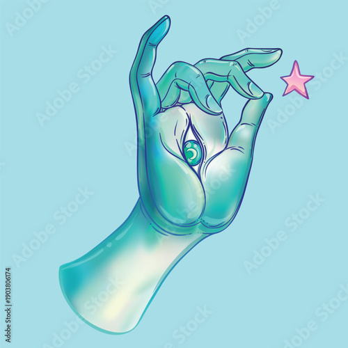 Lord Buddha hand with all-seeingl eye. Psychedelic colors. Hand drawn illustration. Invitation element. Astrology, alchemy, occult and magic symbol. Abstract cosmic background with stars..