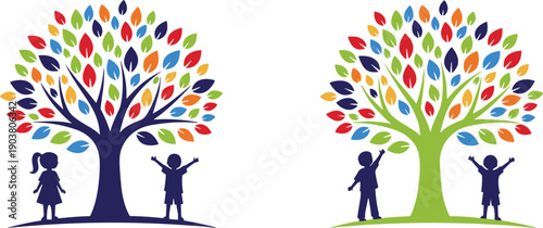 Colorful tree with children silhouettes, isolated on white background, symbolizing growth, education, family, learning, nature, childhood, unity, happiness