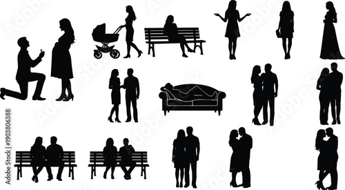 Couple relationship silhouette set showing love pregnancy parenting daily life moments isolated on white background illustration
