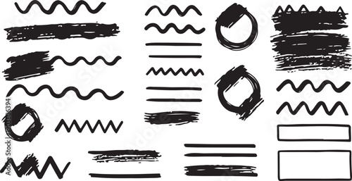 Brush strokes, black ink lines, vector abstract set with paint brush grunge texture on white background. Paintbrush strokes and ink smear stains