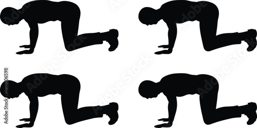 Fitness exercise silhouette set showing crawling workout positions isolated on white background for gym training illustration vector design