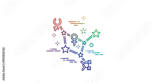A vibrant rainbow constellation illustration with diverse gender and astrological symbols