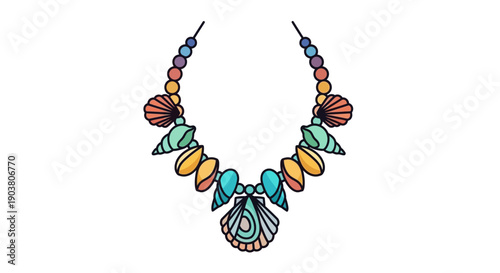 Vibrant seashell and bead necklace illustration featuring colorful marine elements perfect for