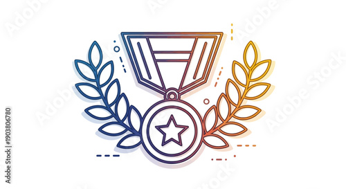 Gradient outline icon of a star medal with laurel wreath symbolizing achievement and victory