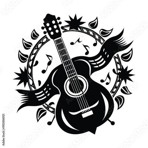 Acoustic guitar with musical notes and decorative elements sound