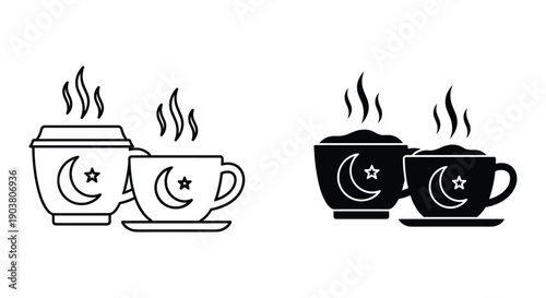 Two steaming coffee cups with happy faces on cozy table morning breakfast concept flat design illustration