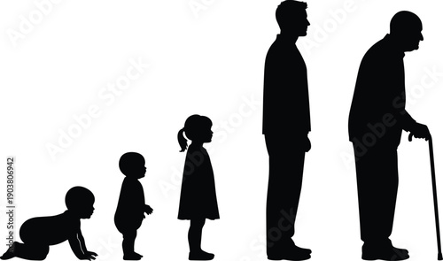 Human life cycle silhouette from baby crawling to elderly man with cane, aging stages, growth and time concept illustration