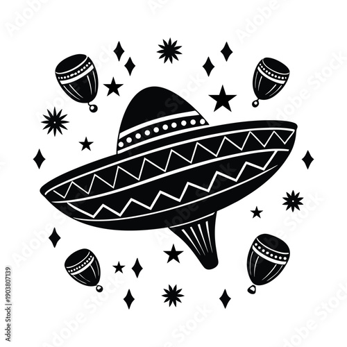 Black Silhouette Sombrero Hat with Maracas and Sparkling Stars Mexican hat mariachi