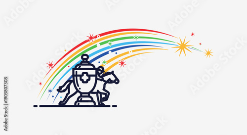 Elegant line art illustration of a championship trophy with horses under a vibrant rainbow and