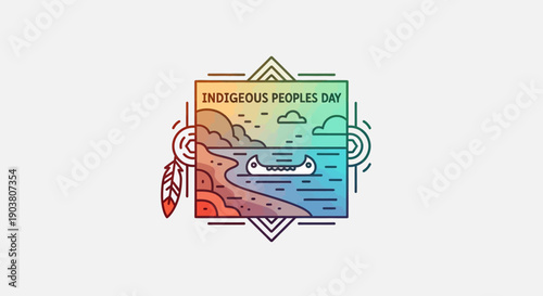 Colorful Indigenous Peoples Day Line Art Illustration Featuring a Canoe and Feather Motif