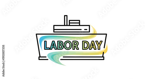 Vibrant Labor Day illustration featuring a stylized industrial outline and colorful flowing