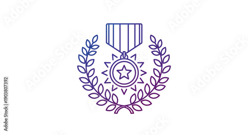 Symbol of honor and achievement: A gradient line art medal icon with a laurel wreath design