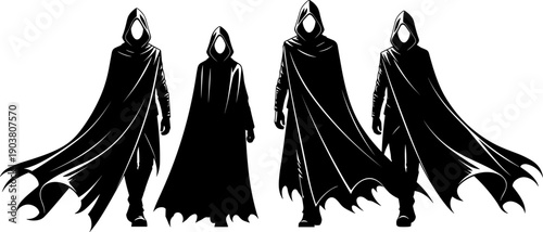Mysterious hooded figures in flowing cloaks, faceless shadows walking forward, fantasy dark illustration, ominous atmosphere, unity, surreal concept art, gothic style