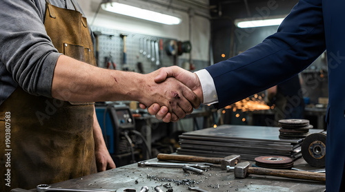 close up of a firm handshake between a blue collar manual worker in a leather apron and a white collar businessman in a suit inside a metal fabrication workshop or factory