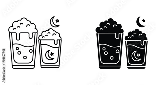 Cute cartoon beer mugs with happy faces cheering at night and day isolated vector illustration