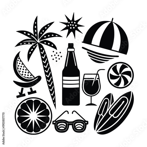 Big summer vacations icon set. Vector thin line illustrations with objects, activities and places related with traveling, tourism, outdoors in the beach and mountain, camping, resorts and hotels.
