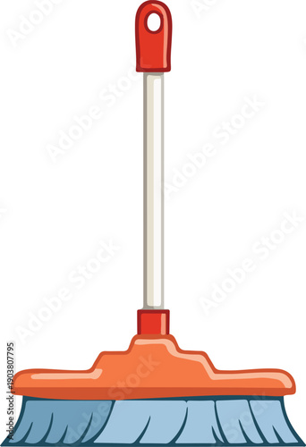Orange and blue broom with white handle