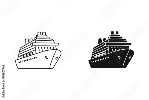 Cruise Ship Line Art and Flat Design Vector Illustrations