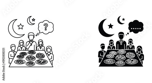 Ramadan iftar dinner celebration with family moon stars lanterns traditional food flat design illustration