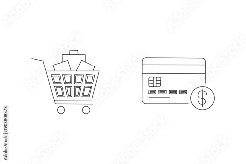 Online shopping cart with credit card and dollar symbol illustration ecommerce payment. Resizable and Editable, EPS 10.