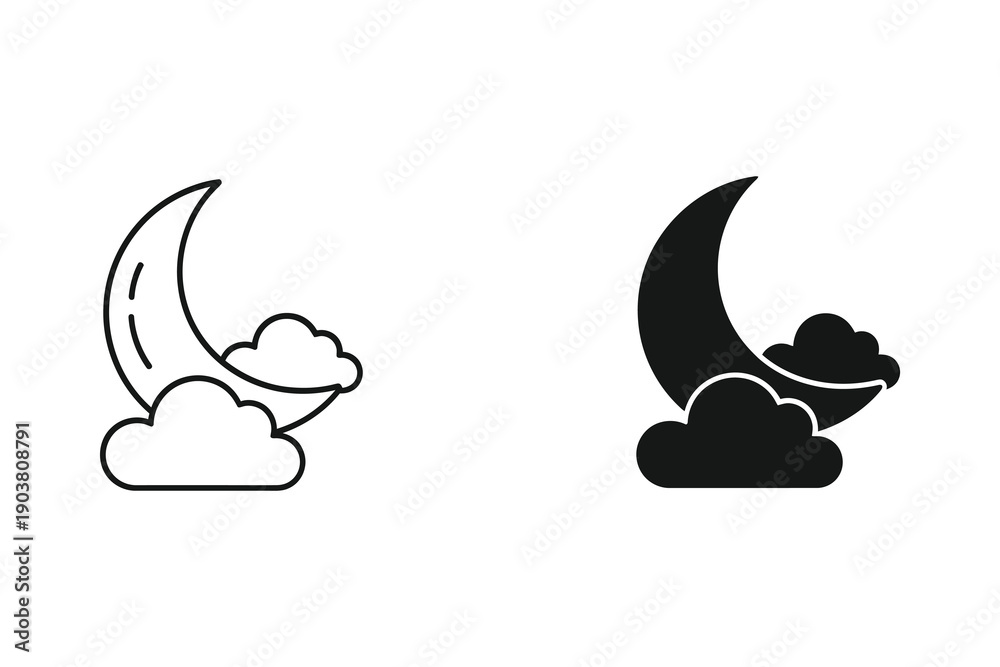 Fototapeta premium Crescent Moon Behind Clouds Vector Illustration in Flat Design