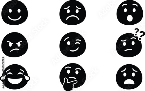 Collection of nine different black emoji icons expressing various emotions and reactions isolated on a white background