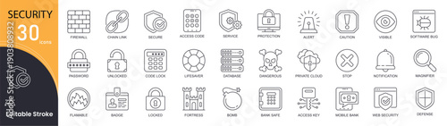 Security concept simple line icons set. Pack outline pictograms of insurance, protection, firewall, secure, defense, database, private cloud and other. Editable stroke.