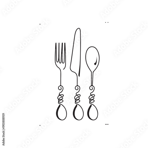 Black and white of a fork knife and spoon with decorative handles vector