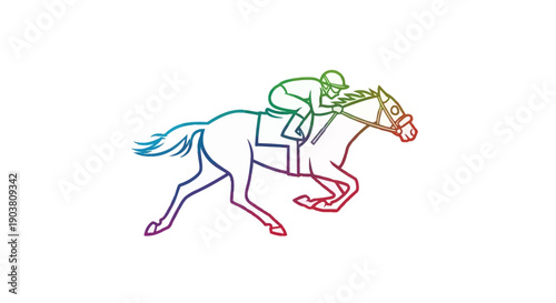 Dynamic Rainbow Gradient Line Art Illustration of a Galloping Racehorse with Jockey on White