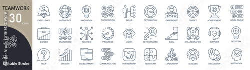  Teamwork related line icons set. Bundle of team, planning, connection, cooperation, optimization, brainstorm, achievement and other. Editable stroke.