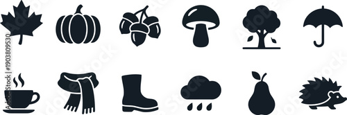 Collection of ten assorted autumn seasonal flat design icons with a clean white background representing fall themes