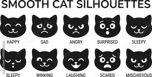 Collection of ten different smooth black cat silhouette faces expressing various emotions and moods isolated on transparent background