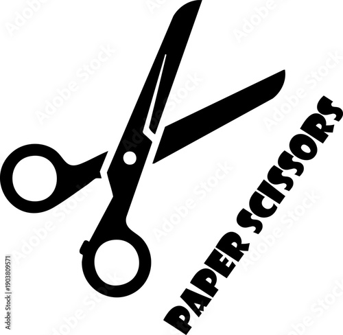 A classic black and white illustration of a pair of scissors with the words 'Paper Scissors' elegantly positioned diagonally to the right of the blades, symbolizing a creative or strategic choice