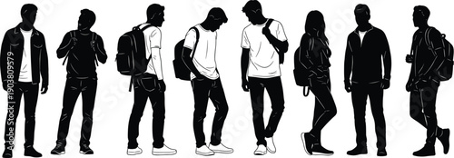 Silhouettes of diverse young students and travelers wearing backpacks in various standing poses for education, school, and urban lifestyle, isolated