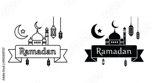 Ramadan Kareem banner with mosque lanterns and crescent moon vector illustration for Islamic celebration