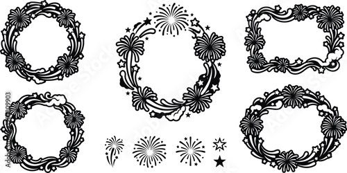 Decorative graphic frames and individual elements featuring fireworks stars and swirling lines isolated on transparent background