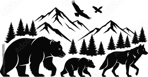 Mountain wildlife silhouette with bear cub wolf and flying birds forest landscape illustration isolated on white background for vector design
