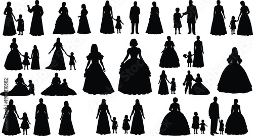 Victorian family silhouette collection, historical people women men children, vintage dress costume illustration isolated black design
