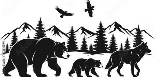 Wildlife forest silhouette with bear cub and wolf in mountain landscape illustration isolated on white background for vector design