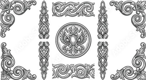 Vintage baroque ornament set with classical floral scrolls, engraved corner frames, decorative borders, and heraldic crest for antique style design